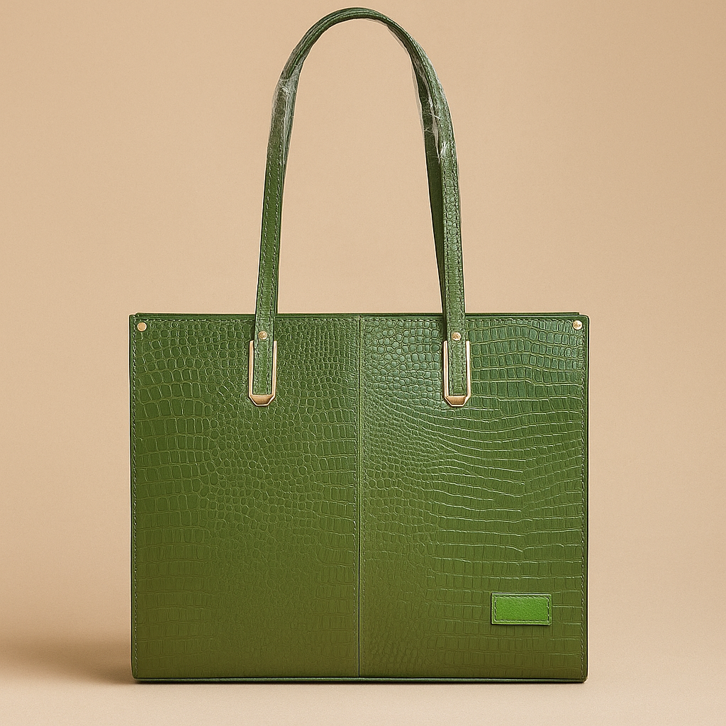 Olive Green Croc-Textured Tote Bag