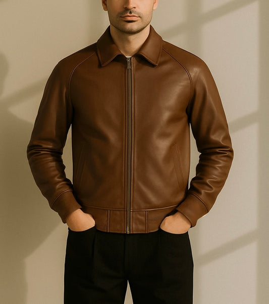 Men's Classic Brown Leather Bomber Jacket