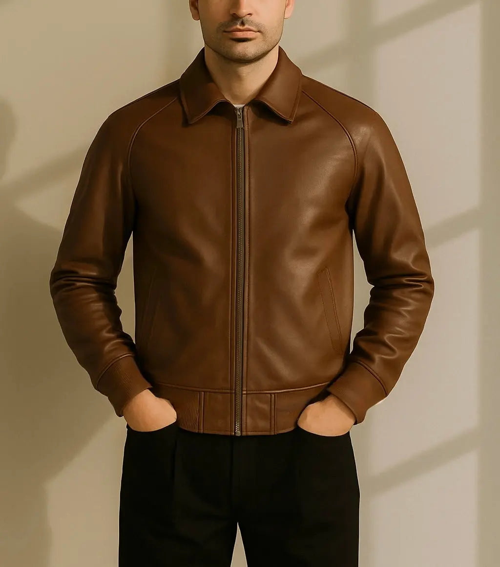 Men's Classic Brown Leather Bomber Jacket Custom Leathers