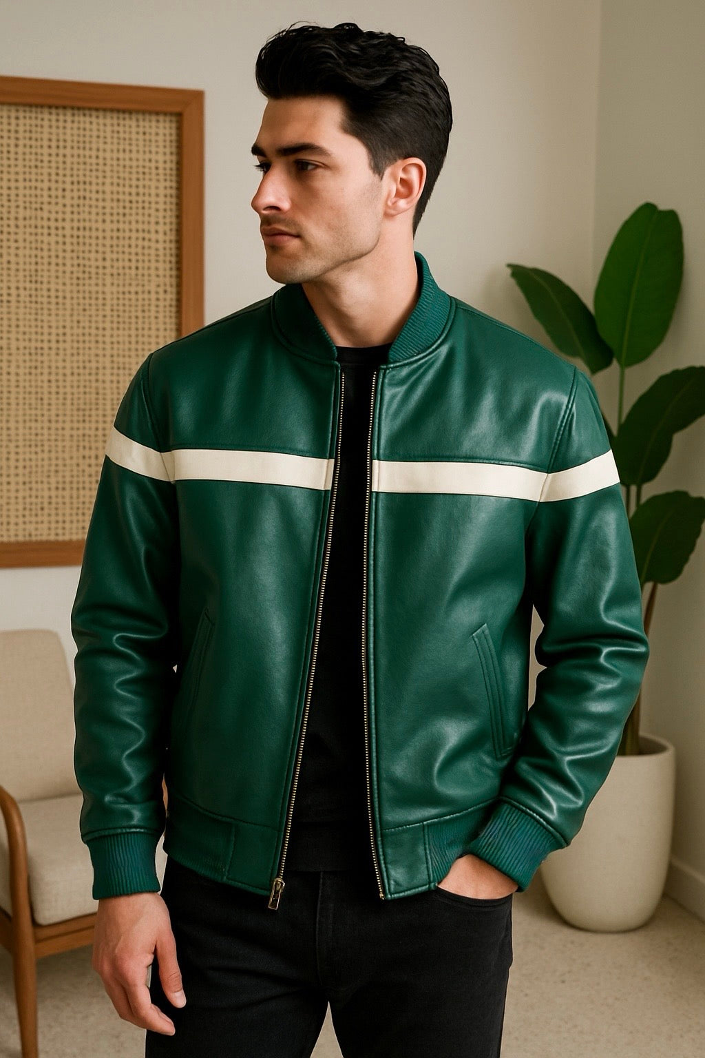 Men's Green Leather Jacket with White Stripe