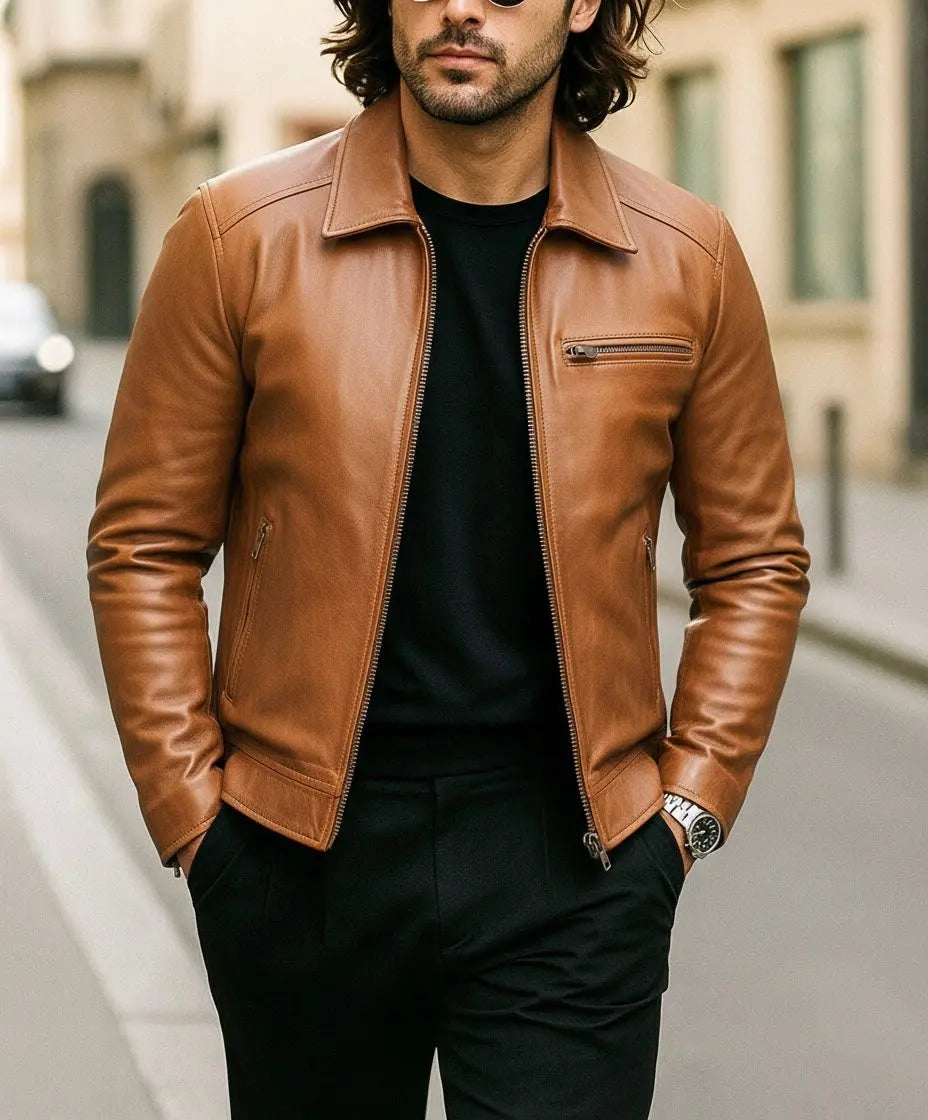 Men's Green Leather Jacket with Zipper Pockets Custom Leathers