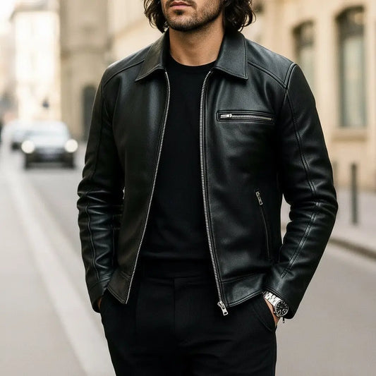 Men's Green Leather Jacket with Zipper Pockets Custom Leathers