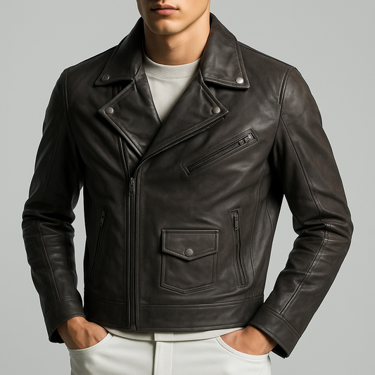 Men's Classic Black Biker Leather Jacket with Asymmetrical Zip