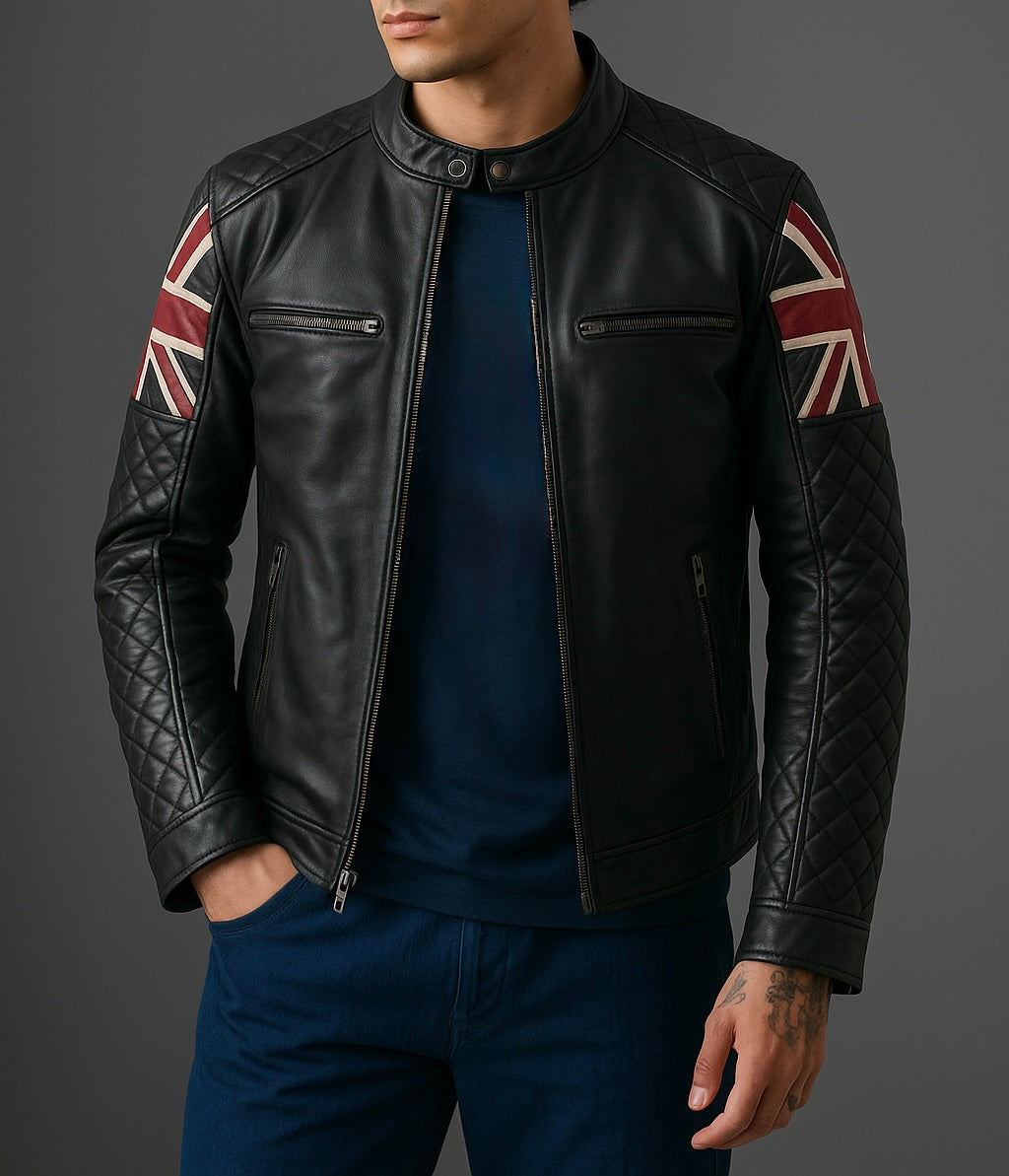Men's Black Leather Union Flag Jacket