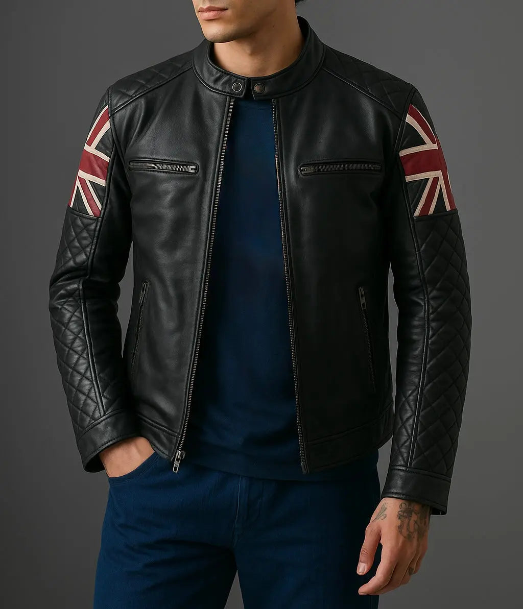 Men's Black Leather Union Flag Jacket Custom Leathers