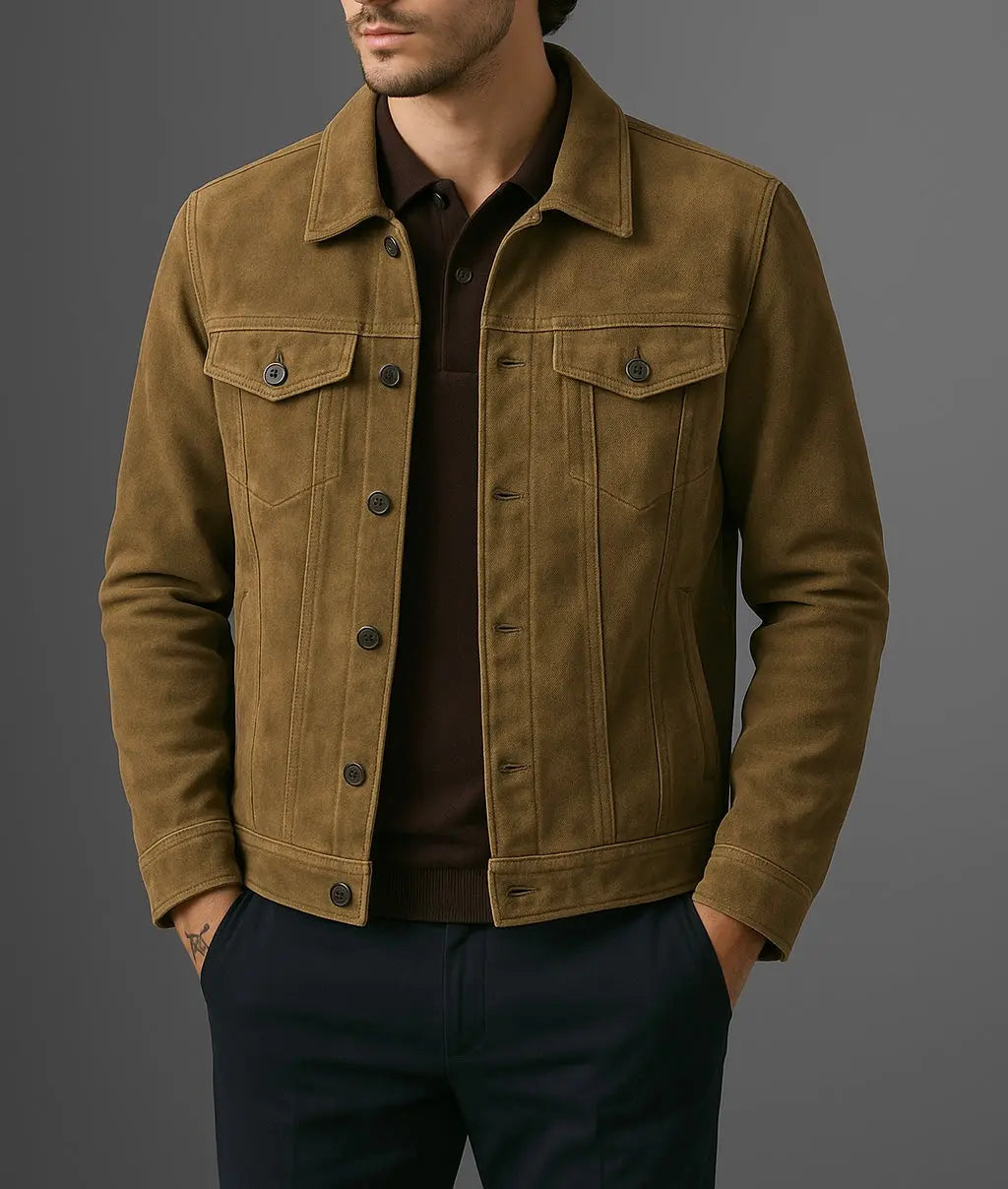 Men's Brown Suede Trucker Jacket Custom Leathers