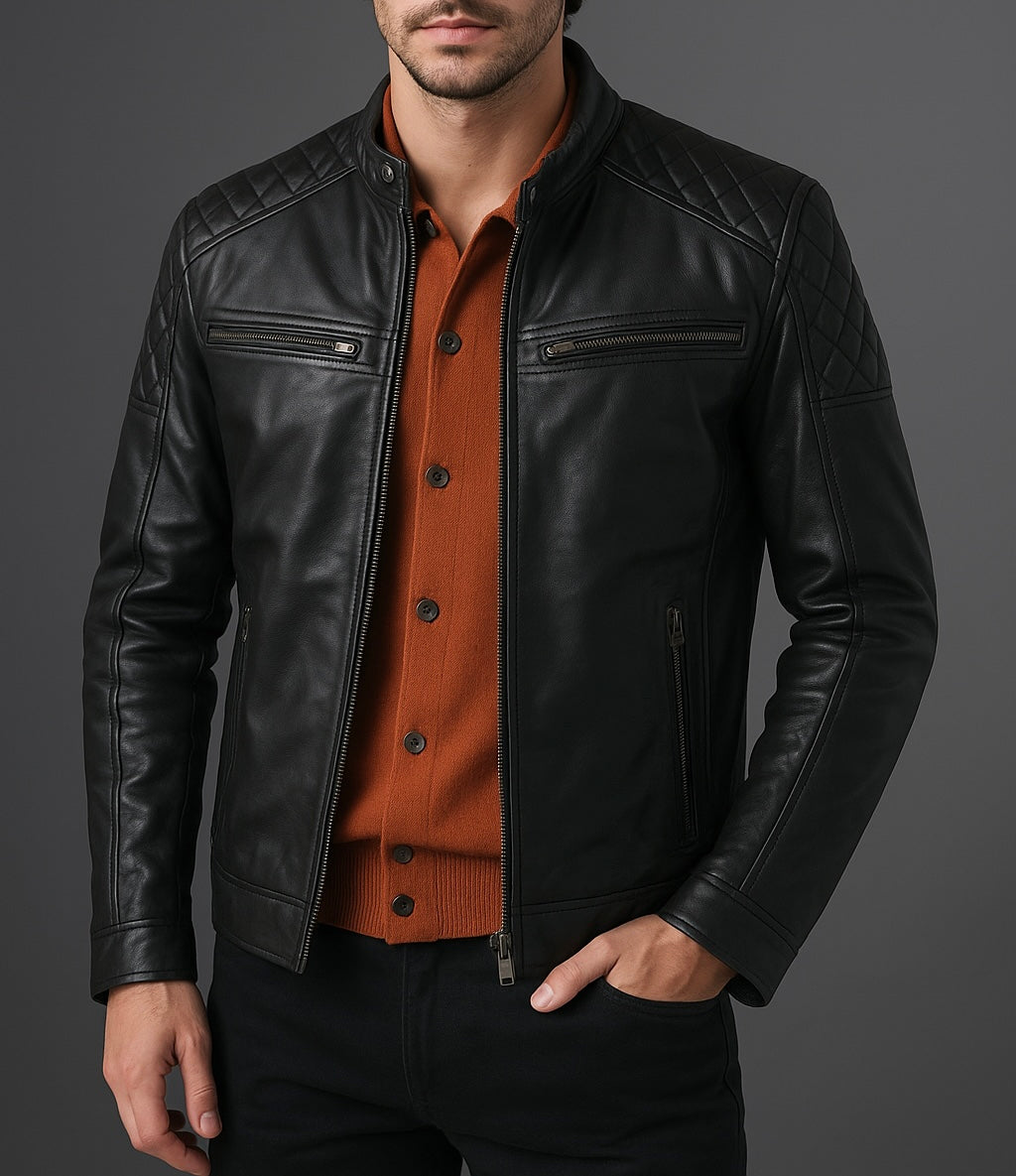 Men's Black Quilted Shoulder Leather Jacket