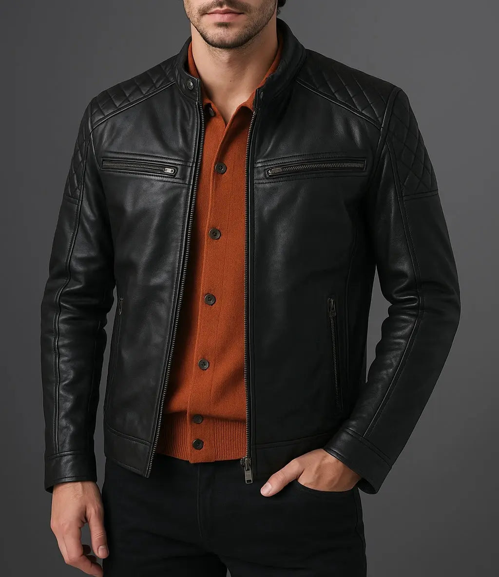 Men's Black Quilted Shoulder Leather Jacket Custom Leathers