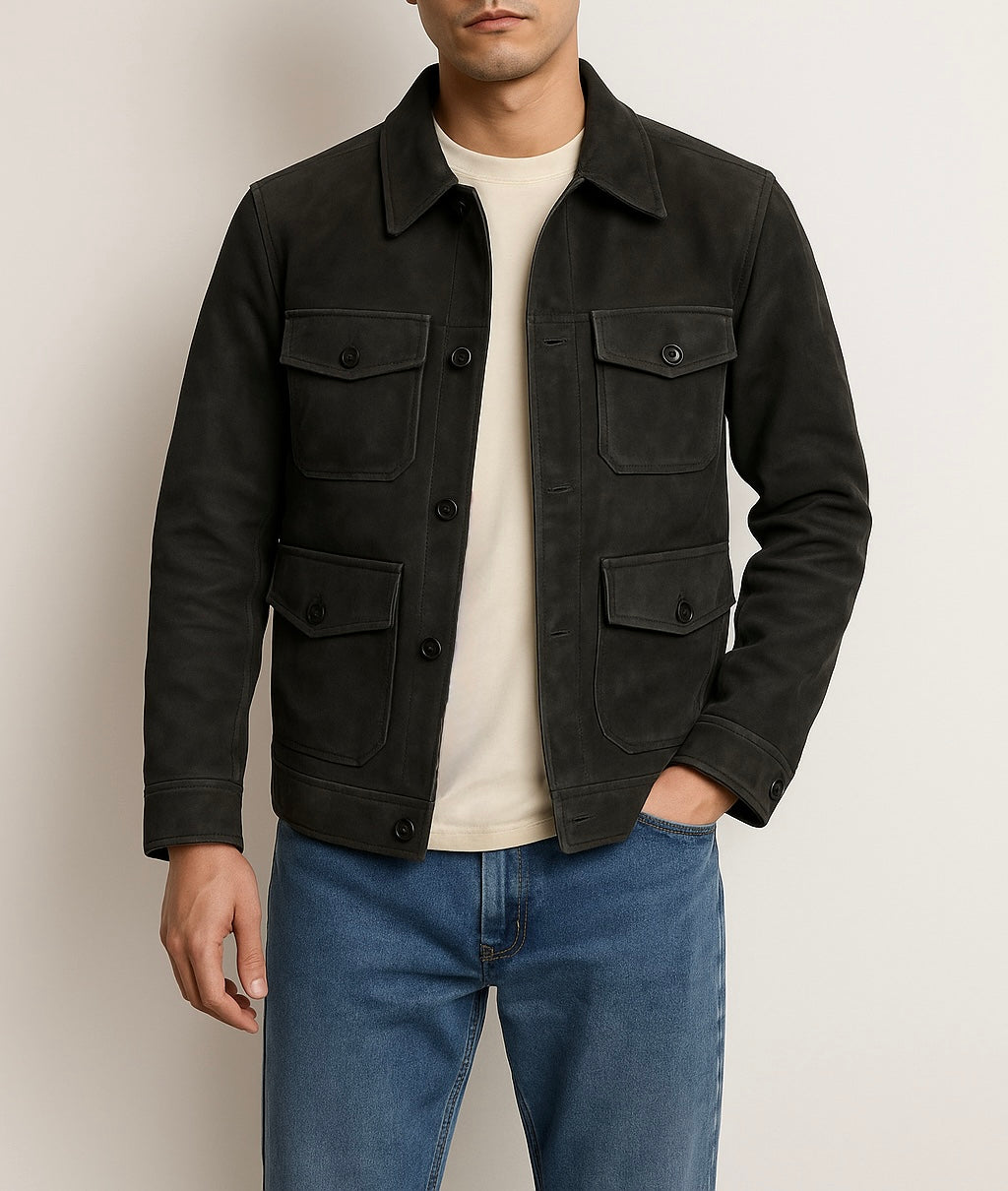 Men's Black Suede Field Jacket with 4 Pocket