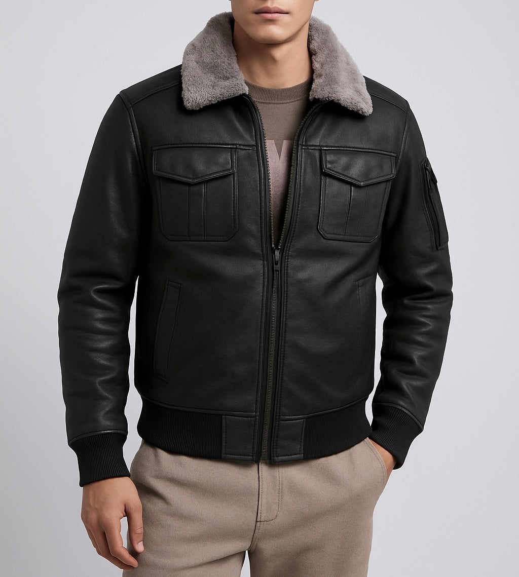 Men's Black Leather Bomber Jacket with Shearling Collar