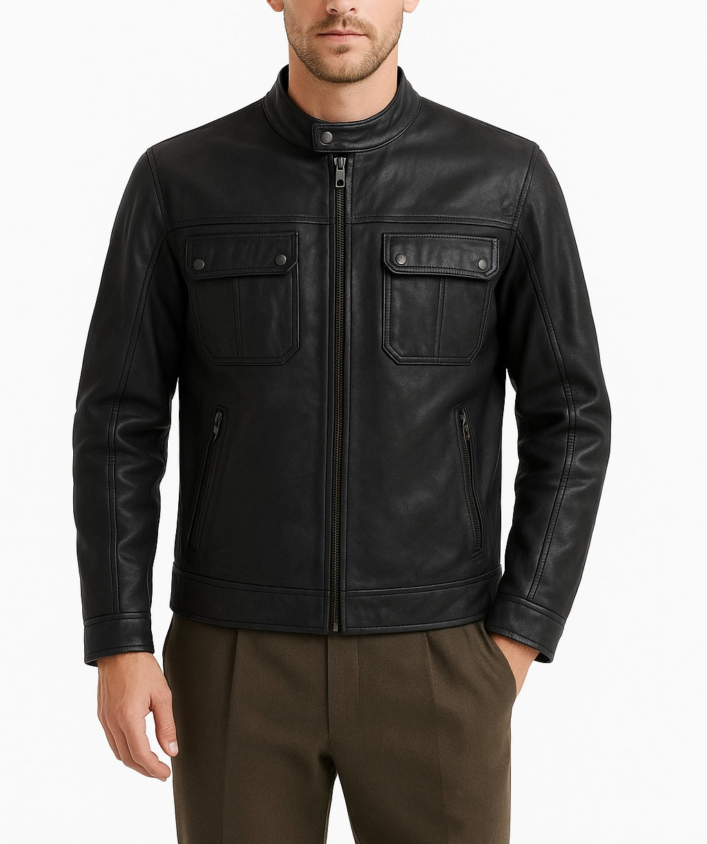 Men's Black Leather Utility Jacket