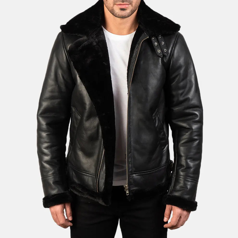 Men's Black Shearling Leather Jacket Custom Leathers
