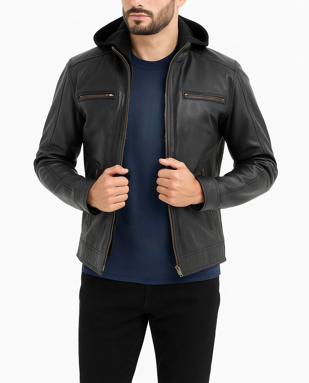 Men's Black Leather Jacket with Detachable Hood