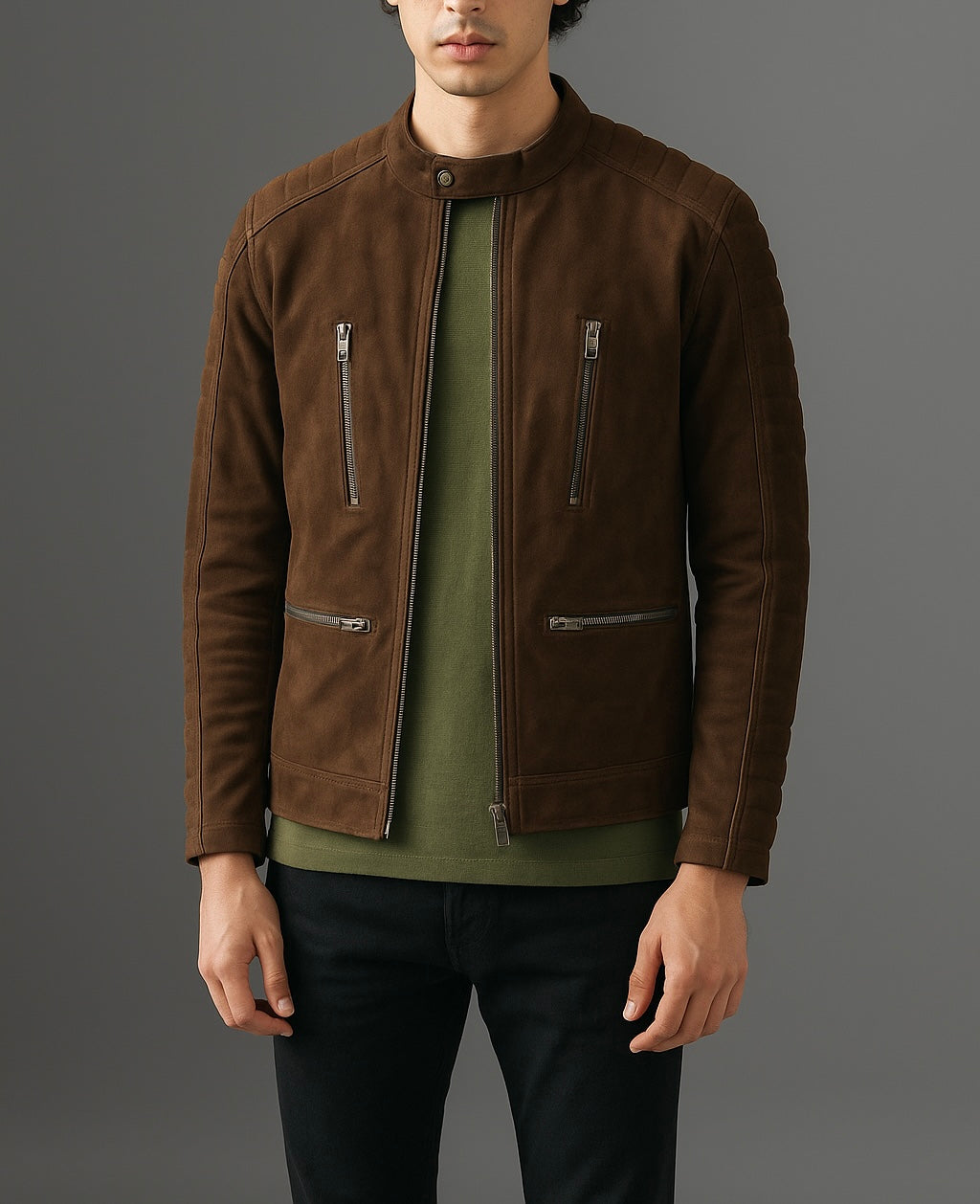 Men's Brown Suede Cafe Racer Jacket