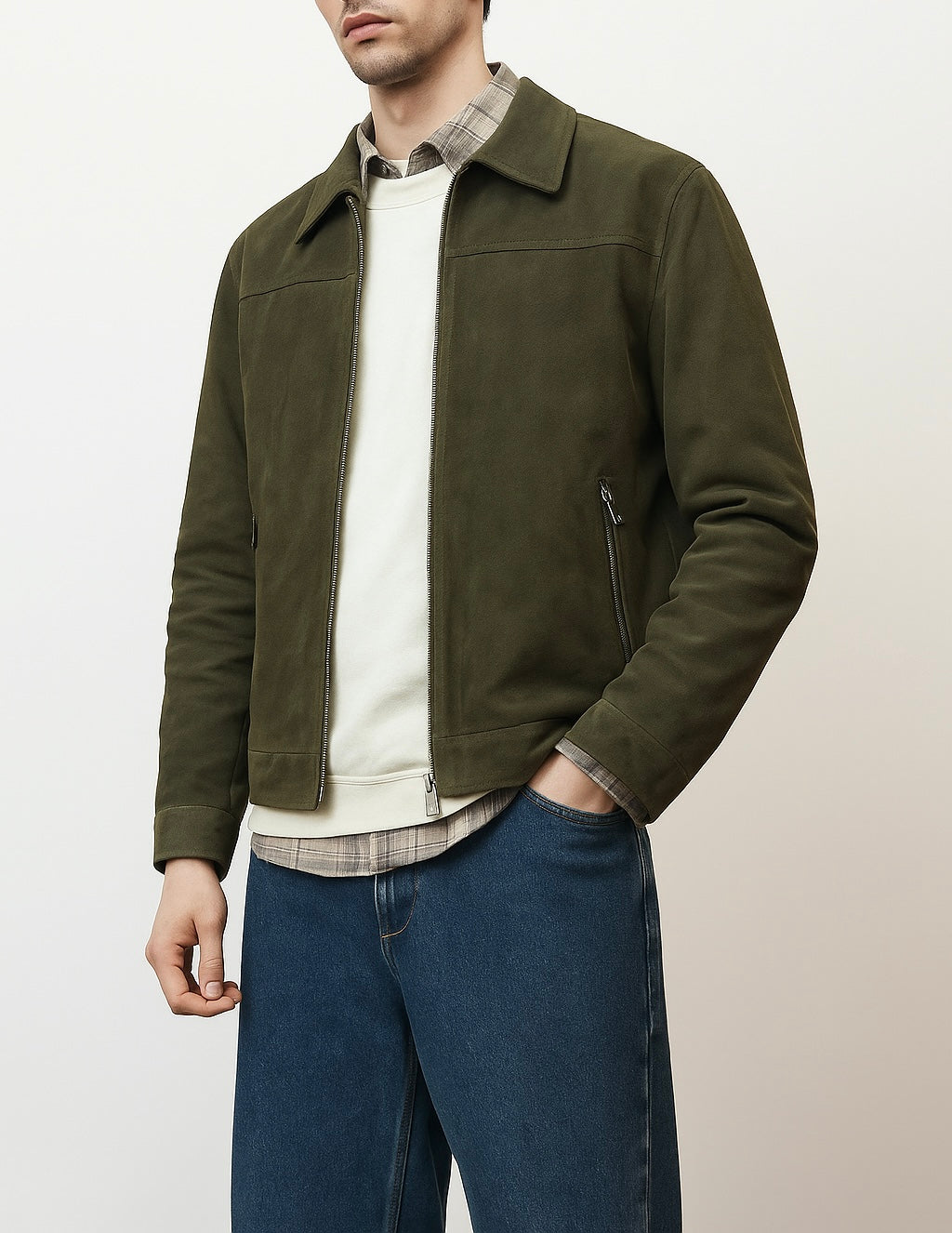 Men's Olive Green Suede Zip Jacket