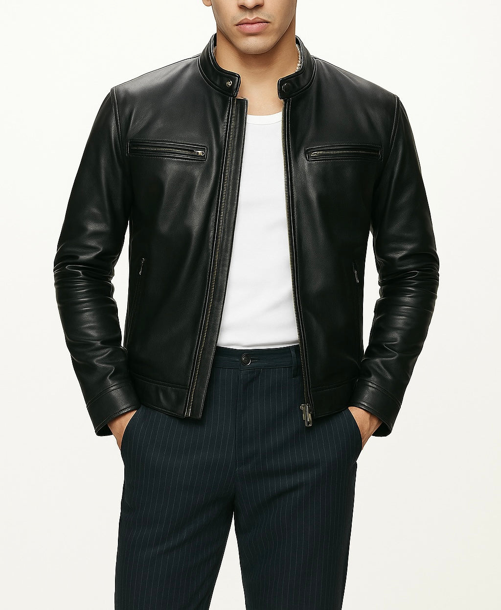 Men's Black Leather Cafe Racer Jacket
