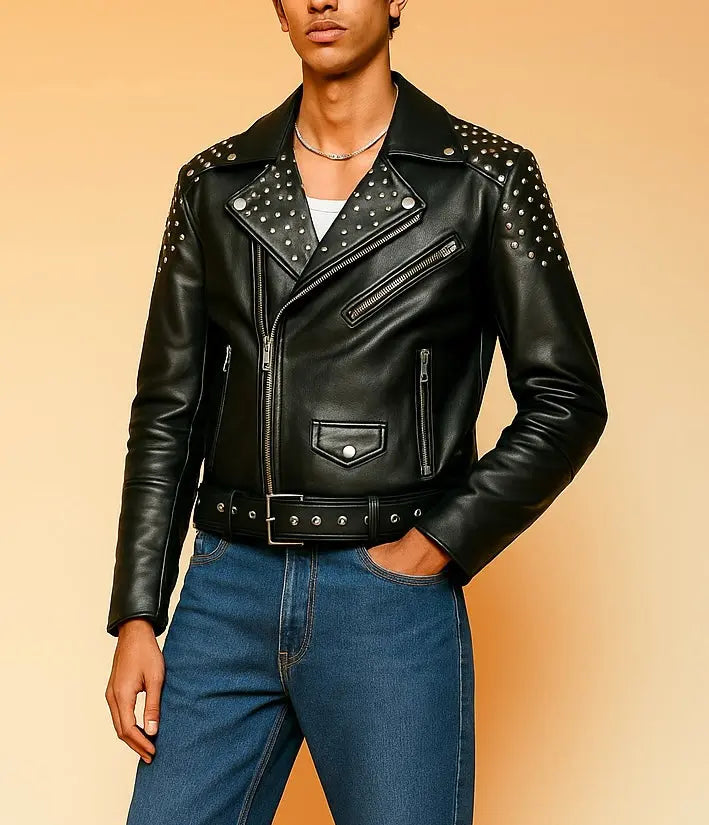 Men's Black Studded Leather Biker Jacket Custom Leathers