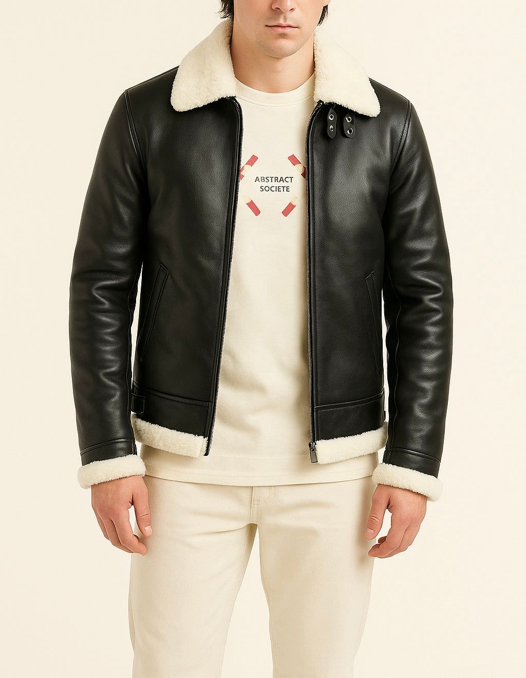 Men's Black Leather Shearling Collar Jacket