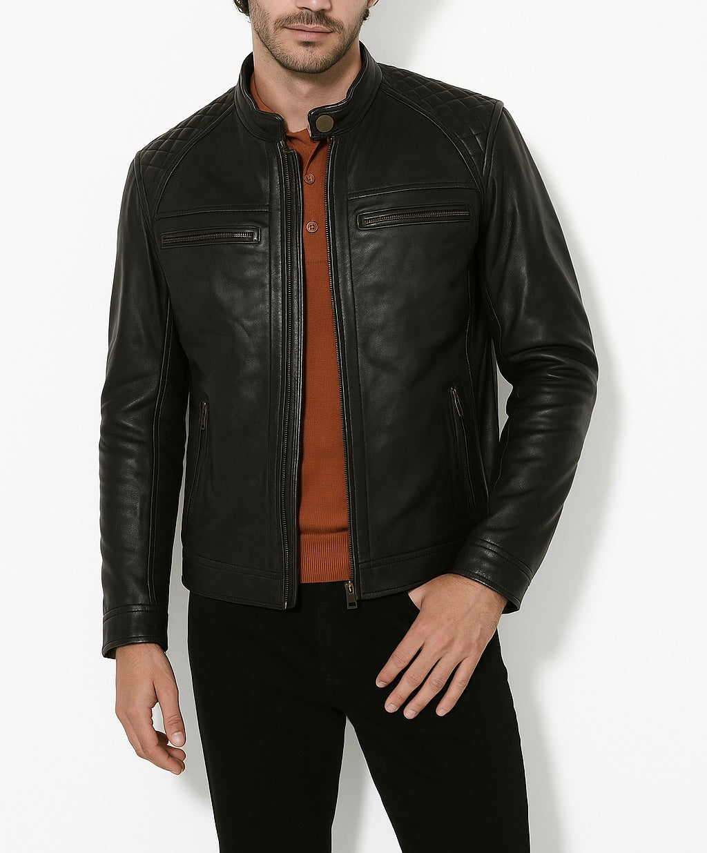 Men's Black Quilted Shoulder Leather Jacket
