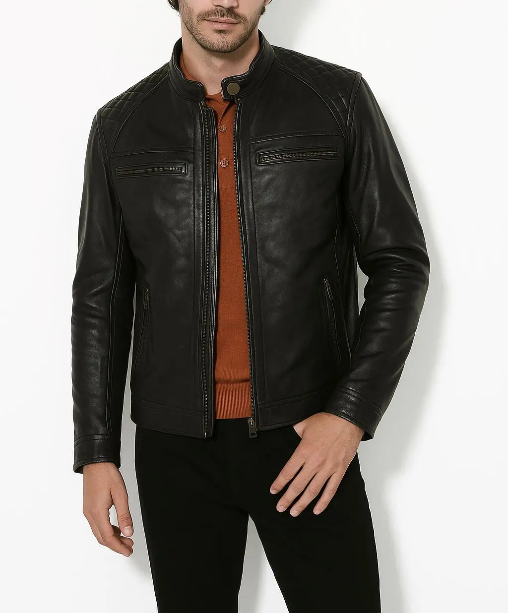 Men's Black Quilted Shoulder Leather Jacket Custom Leathers