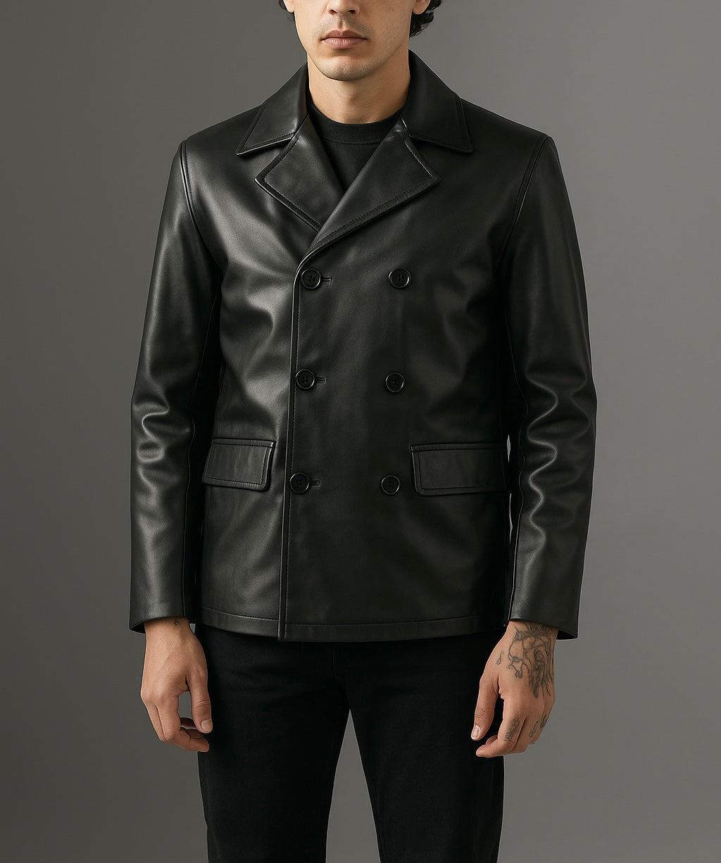 Men's Black Leather Double-Breasted Peacoat