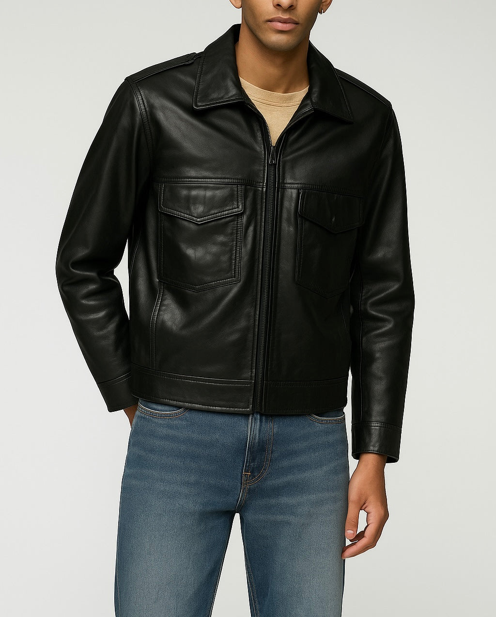 Men's Black Leather Shirt Collar Jacket