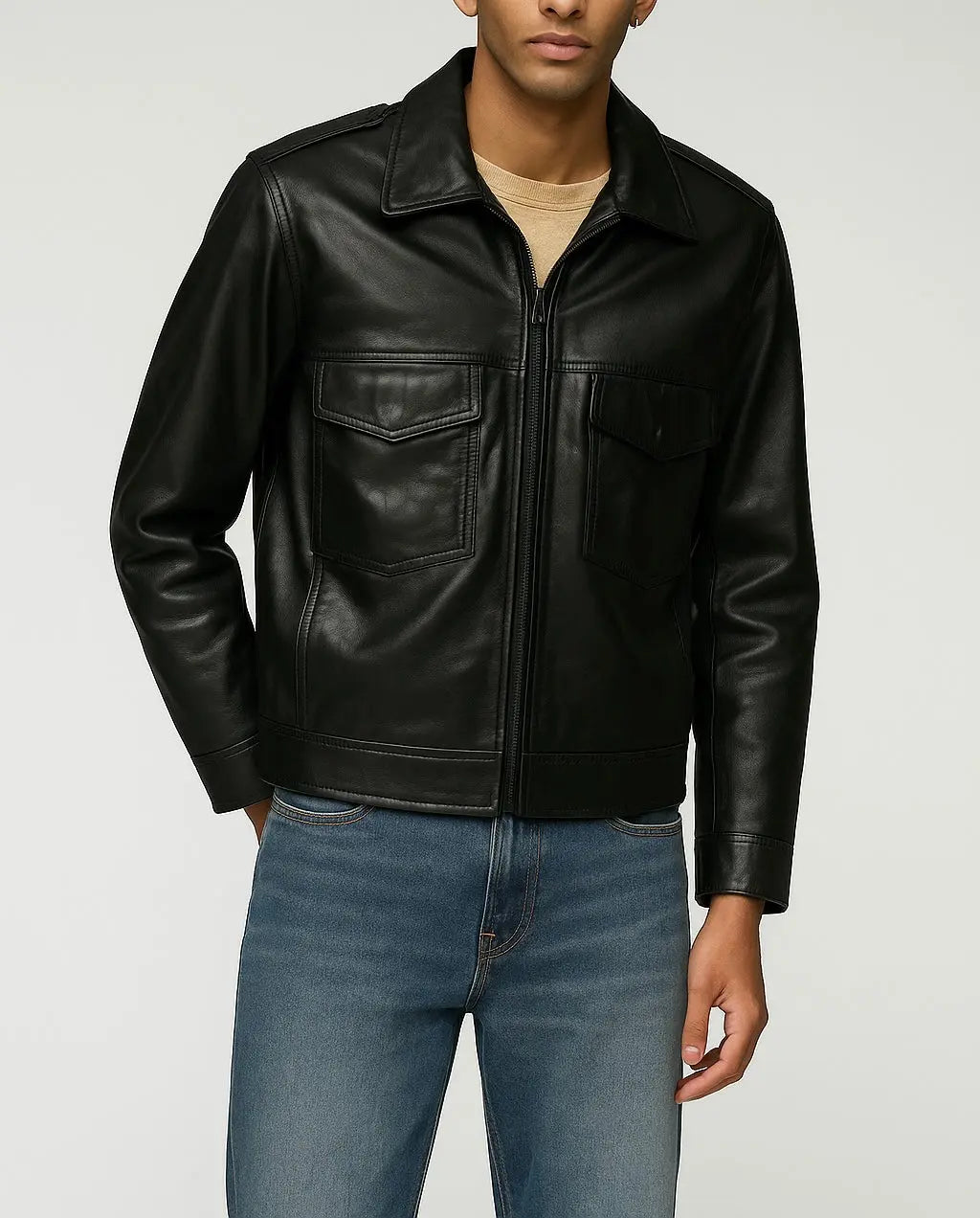 Men's Black Leather Shirt Collar Jacket Custom Leathers