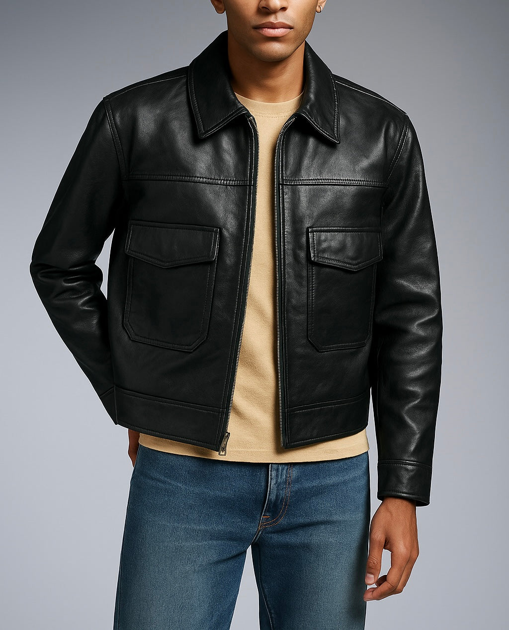 Men's Black Leather Shirt Collar Jacket