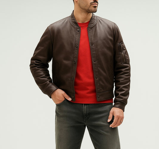 Men's Brown Leather Bomber Jacket