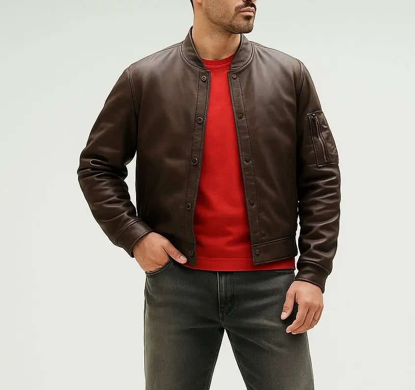 Men's Brown Leather Bomber Jacket Custom Leathers