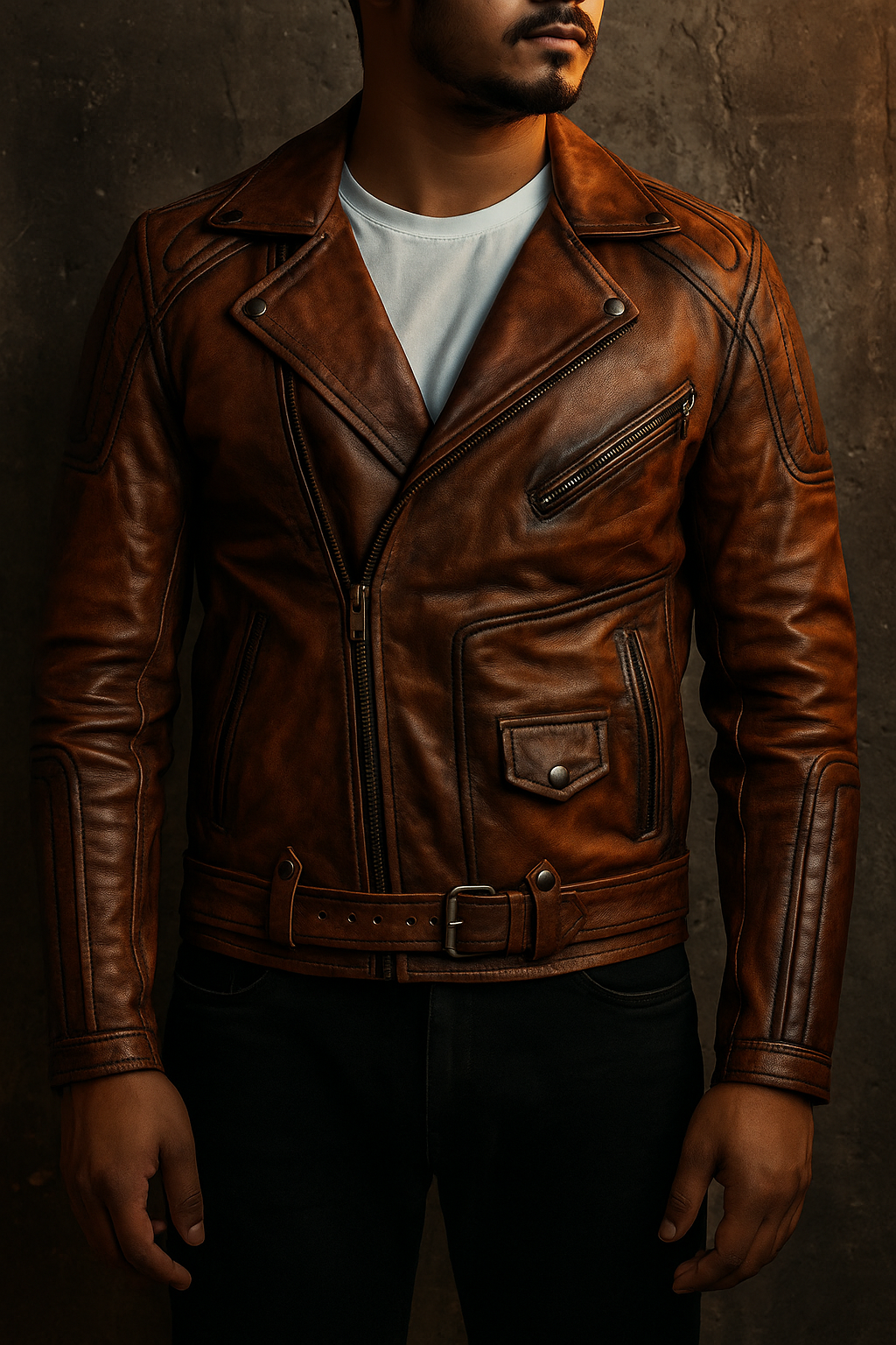 Men's Distressed Brown Leather Biker Jacket