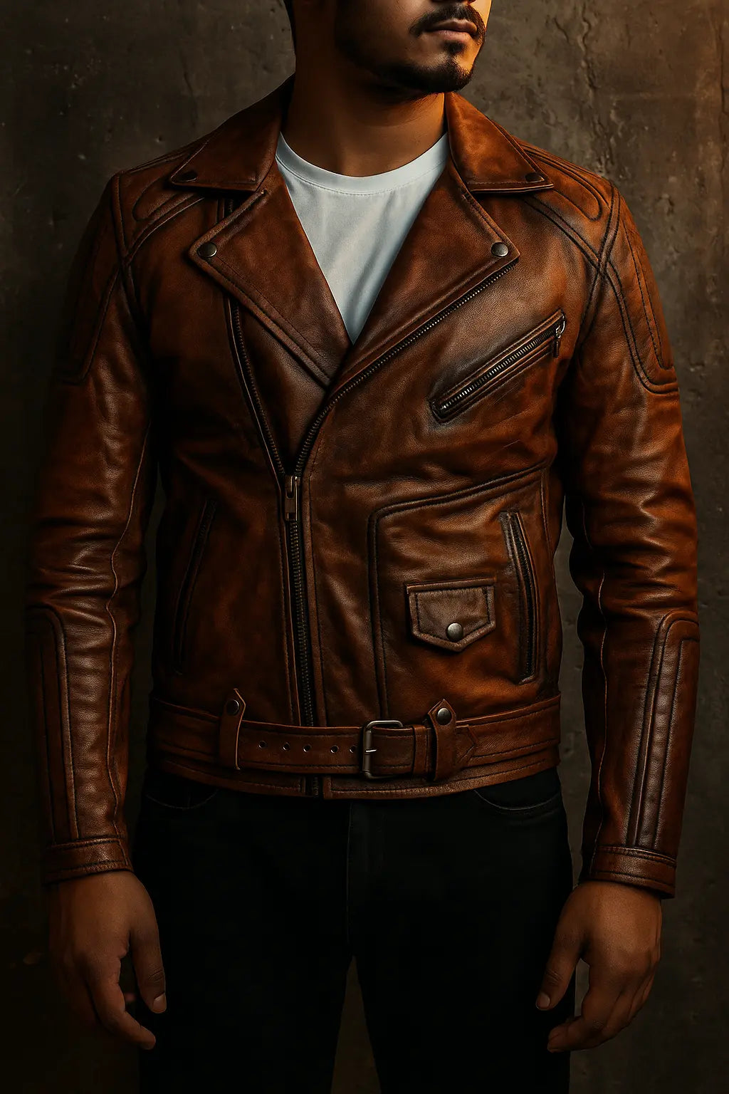 Men's Distressed Brown Leather Biker Jacket Custom Leathers