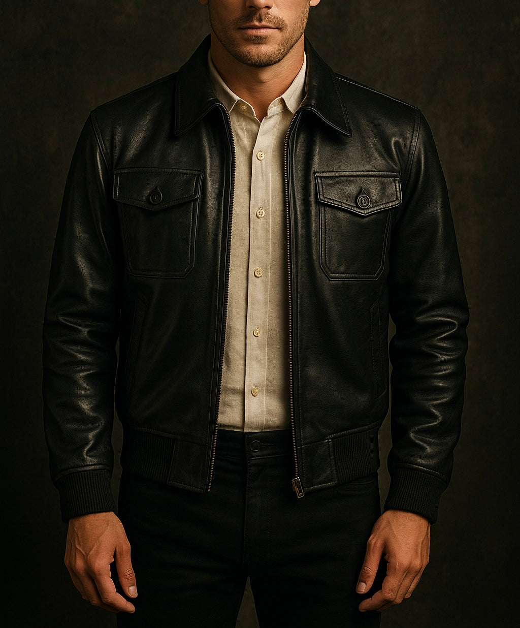 Men's Black Leather Bomber Jacket