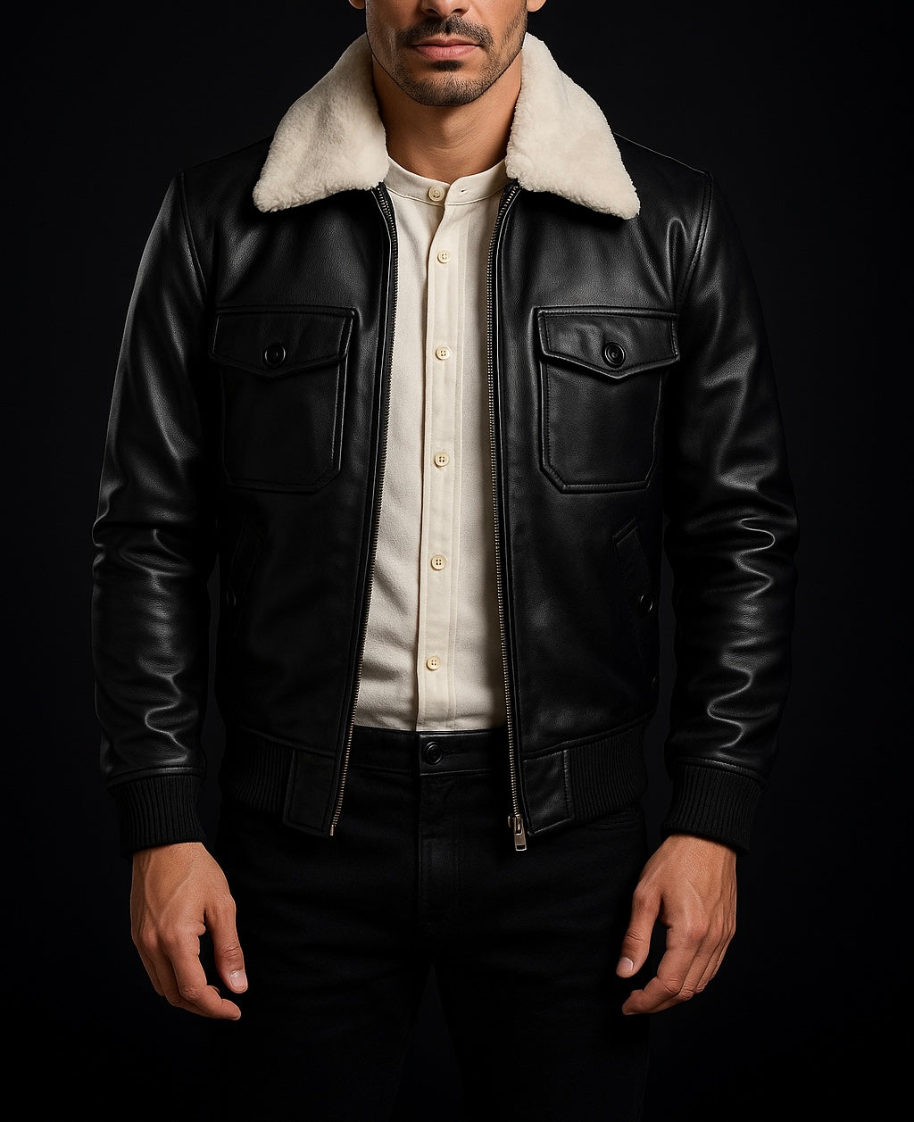 Men's Black Leather Bomber Jacket with Shearling Collar