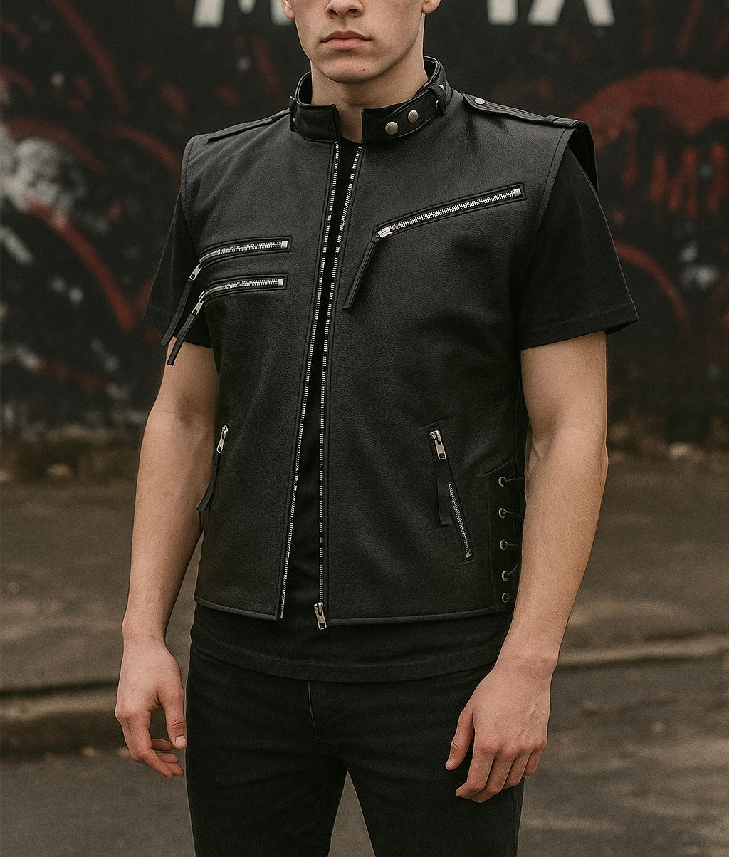 Men's Black Leather Sleeveless Biker Jacket
