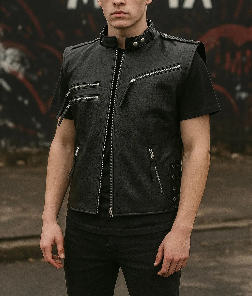 Men's Black Leather Sleeveless Biker Jacket Custom Leathers