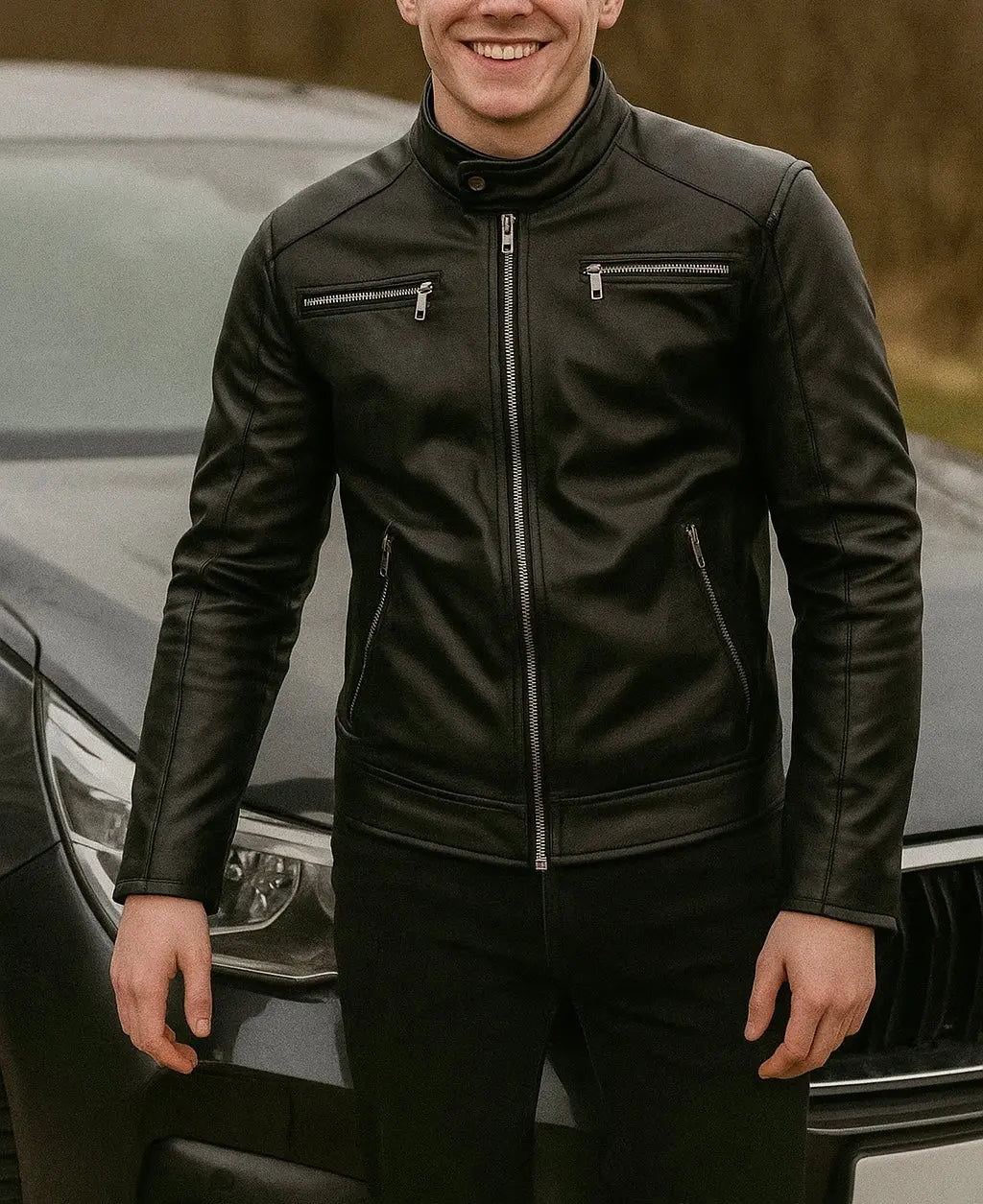 Men's Black Leather Moto Jacket Custom Leathers
