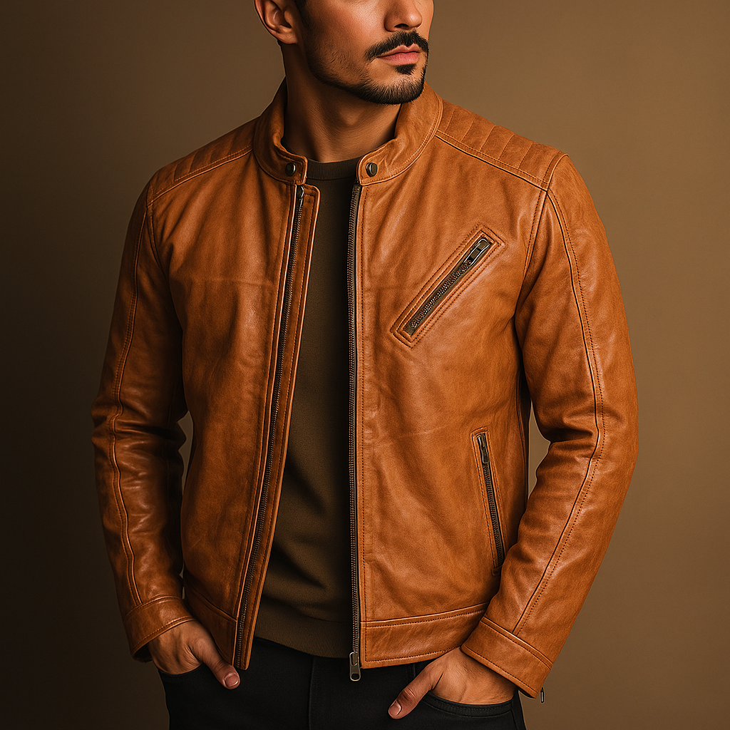 Men's Tan Leather Moto Jacket with Angled Zipper Pocket
