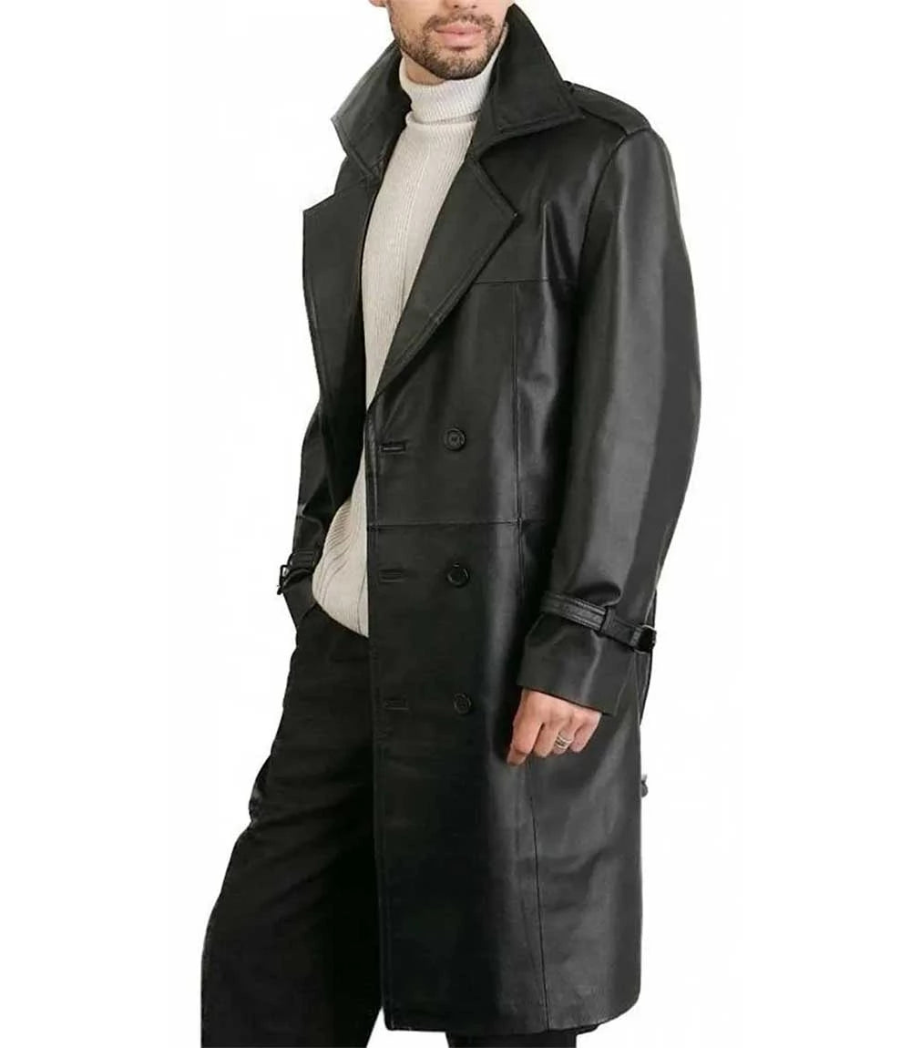 Men Belted Double Breasted Black Leather Trench Coat