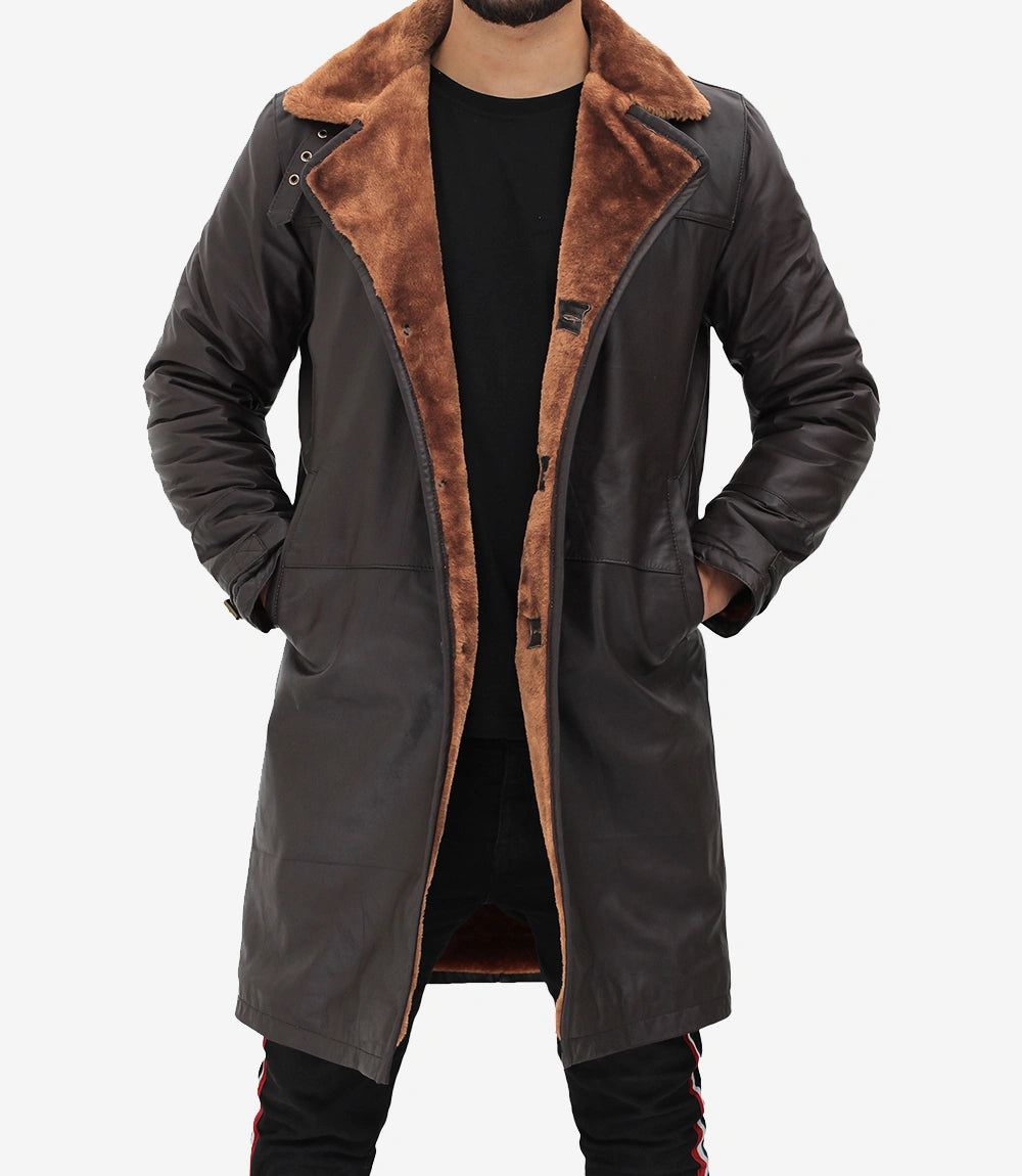 Turlock Men Dark Brown 3/4 Vintage Shearling Long Coat