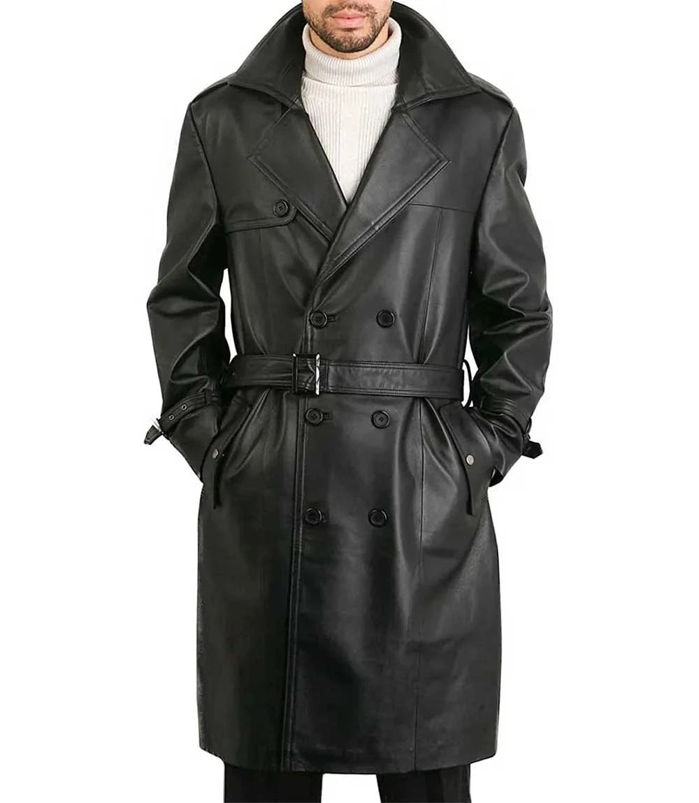 Men Belted Double Breasted Black Leather Trench Coat