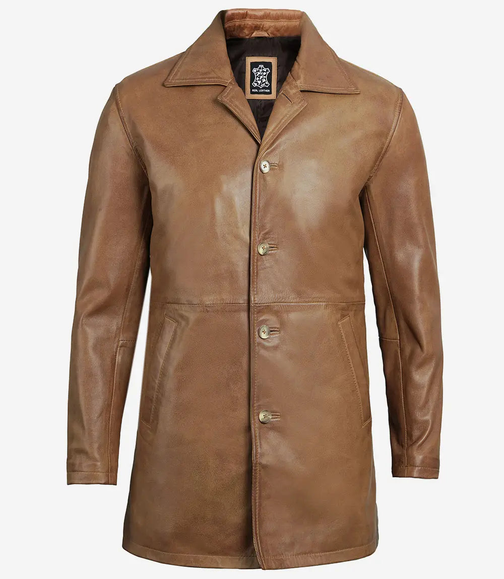 Men Real Leather Camel Brown 3 4 Length Car Coat
