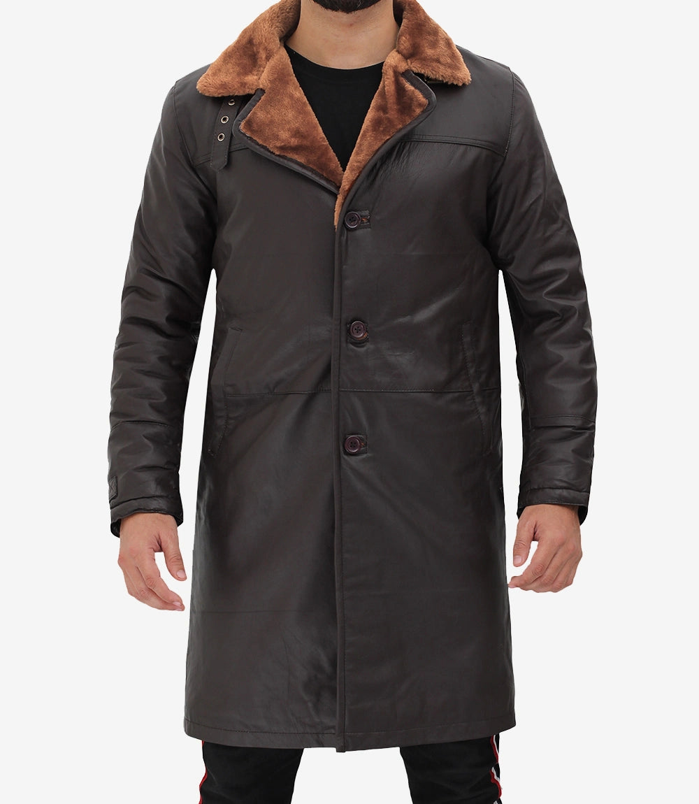 Turlock Men Dark Brown 3/4 Vintage Shearling Long Coat