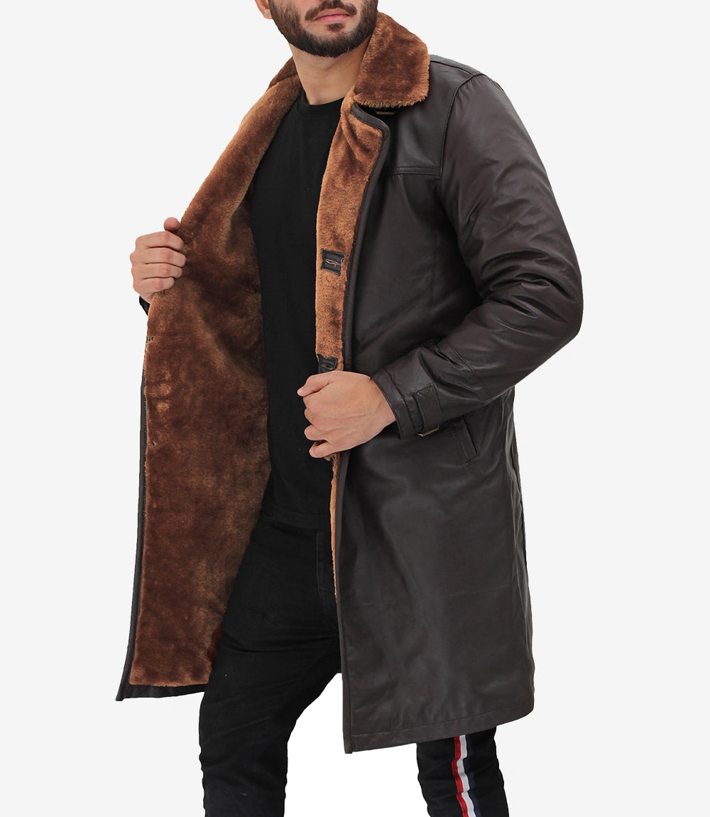 Turlock Men Dark Brown 3/4 Vintage Shearling Long Coat