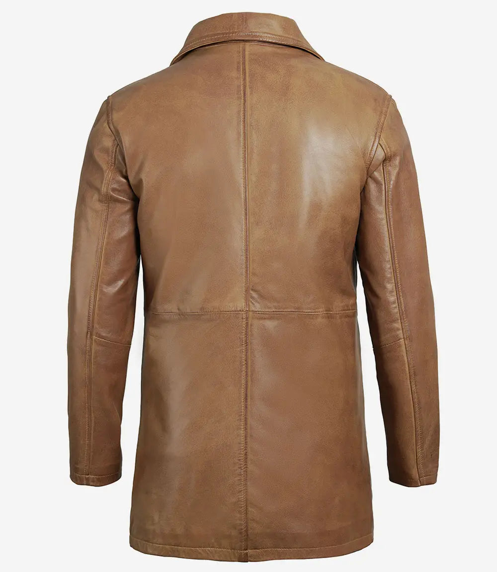 Men Real Leather Camel Brown 3 4 Length Car Coat