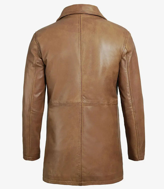 Men Real Leather Camel Brown 3 4 Length Car Coat - Custom Leathers