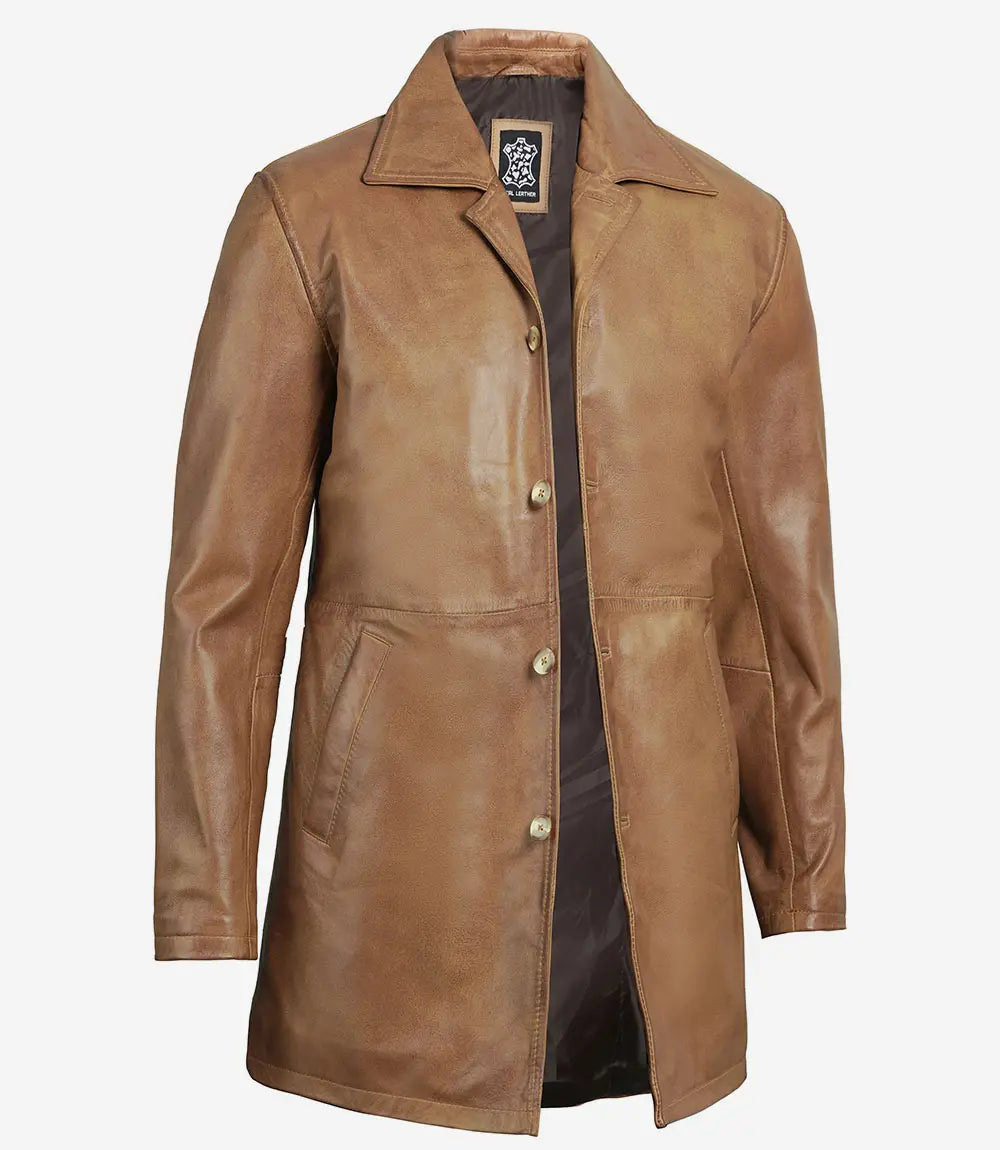 Men Real Leather Camel Brown 3 4 Length Car Coat