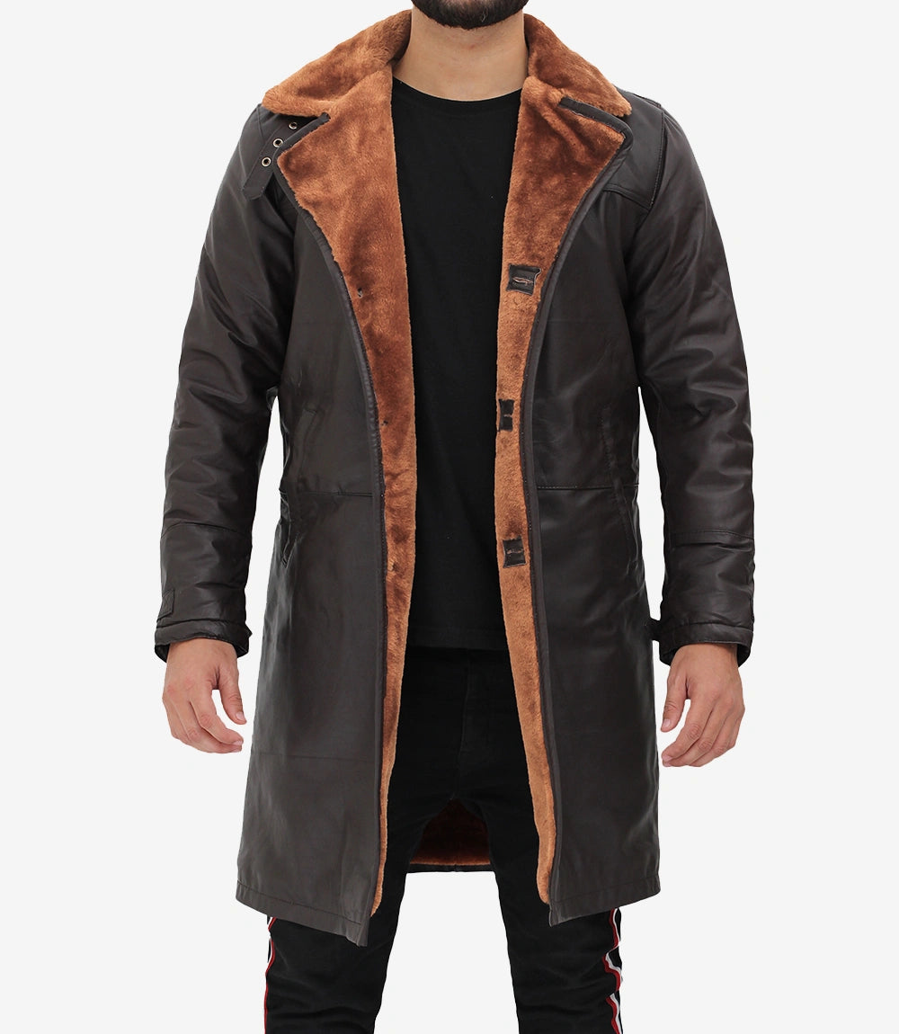 Turlock Men Dark Brown 3/4 Vintage Shearling Long Coat