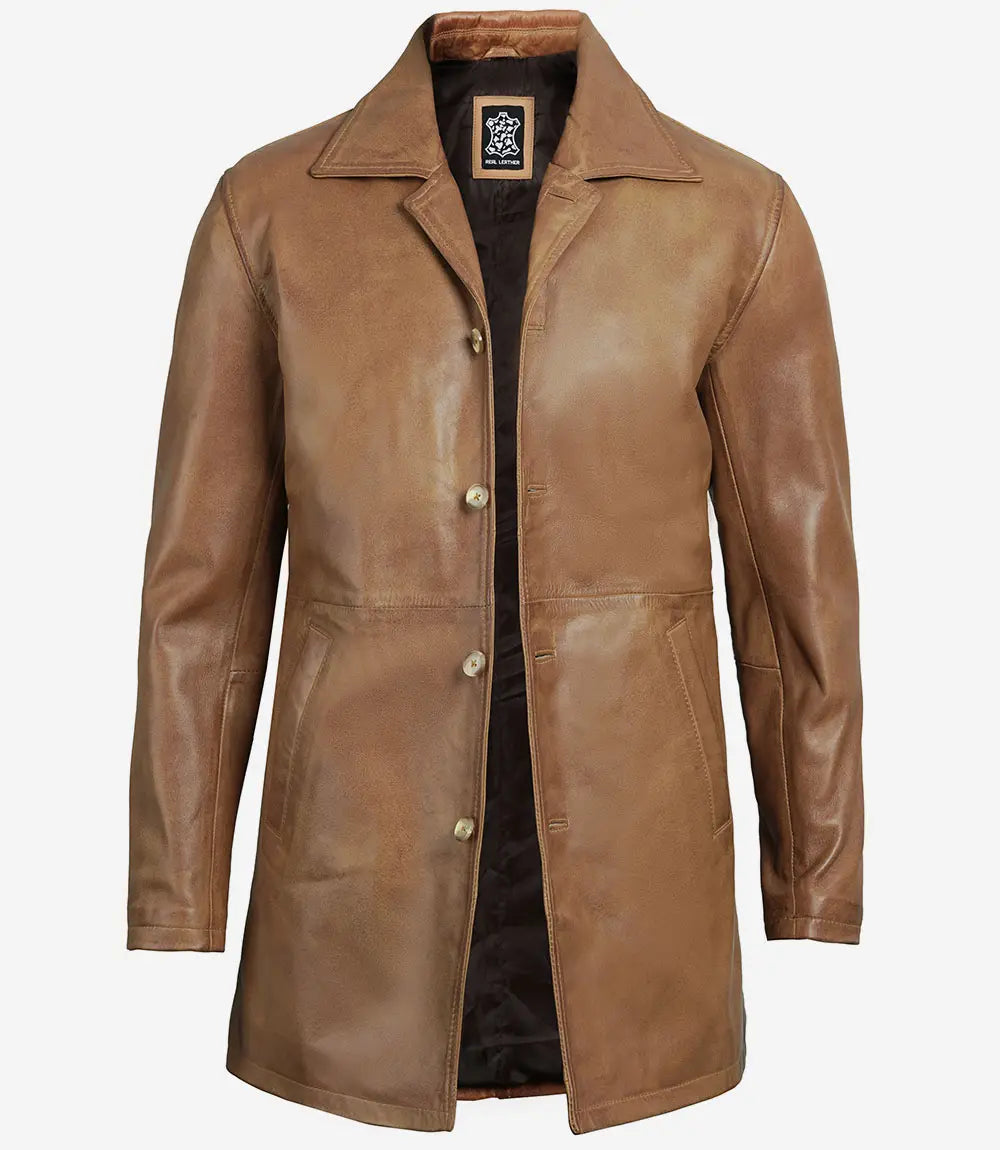 Men Real Leather Camel Brown 3 4 Length Car Coat
