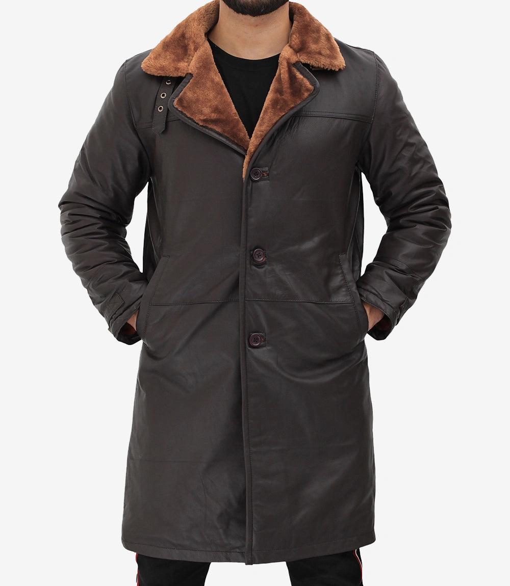 Turlock Men Dark Brown 3/4 Vintage Shearling Long Coat